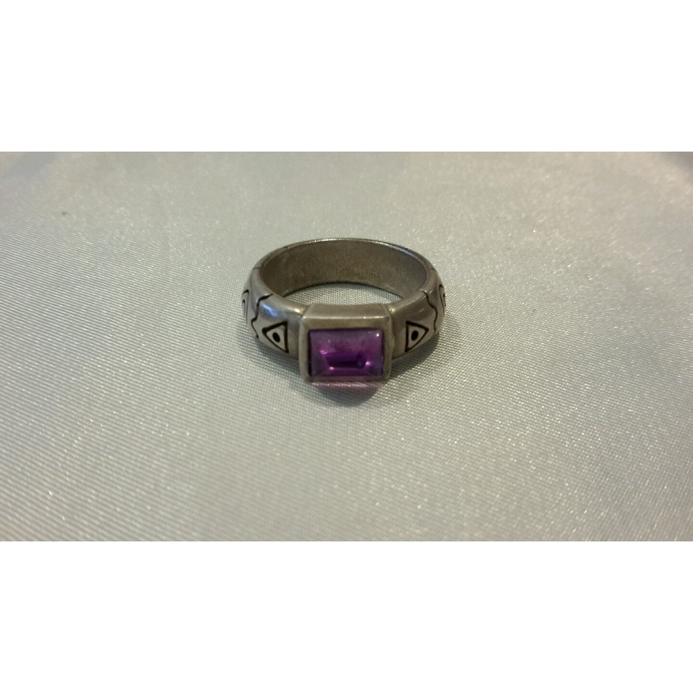 Stamped E amethyst silvertone gemstone band ring sz 6 chevron triangle 6.65g